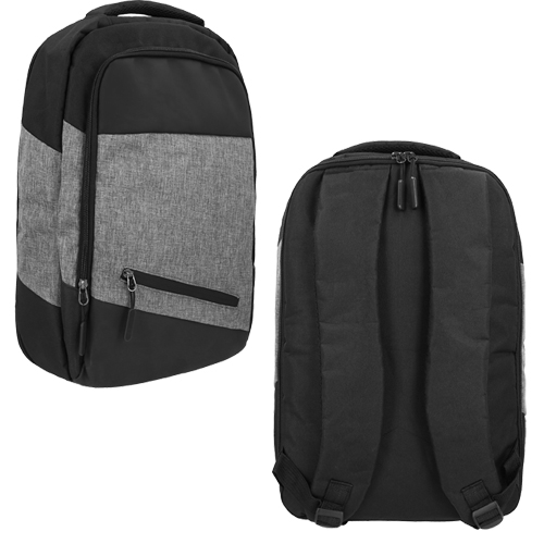 BL-085, Mochila de poliéster y vinipiel que abre a 330 grados con asa acojinada, cierres plastificados, 1 compartimento frontal, 1 pequeí±o compartimento en la parte inferior con cierre , compartimento interno para laptop max. 16 pulgadas y tirantes acojinados.